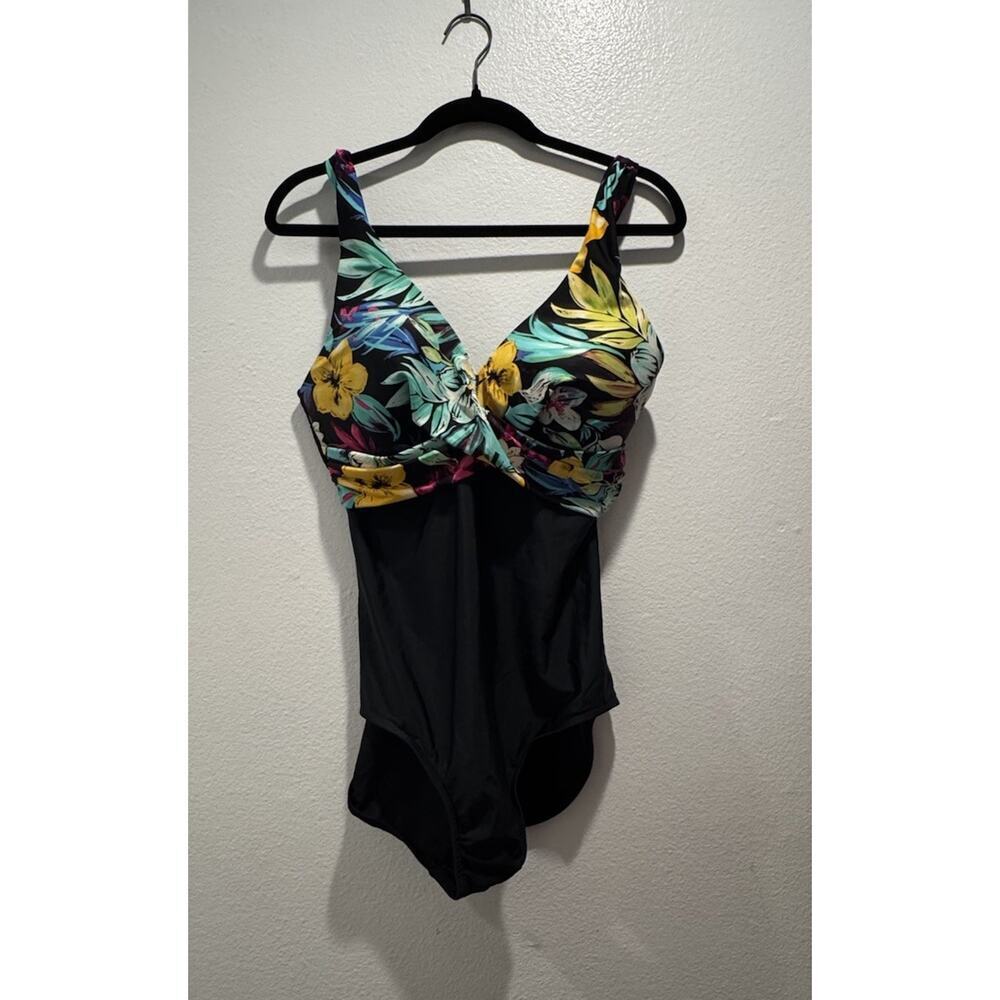Maxine Of Hollywood Swimsuit Size 12 Mio One Piece Black Floral Print Tropical - Picture 1 of 7